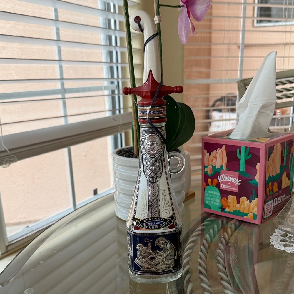 Decorative White and Navy Ceramic Liquor Bottle with Red Stopper